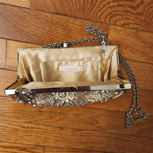 Glint / Nordstrom Champagne Pearl & Crystal Clutch w/ Shoulder Chain - Picture 5 of 7